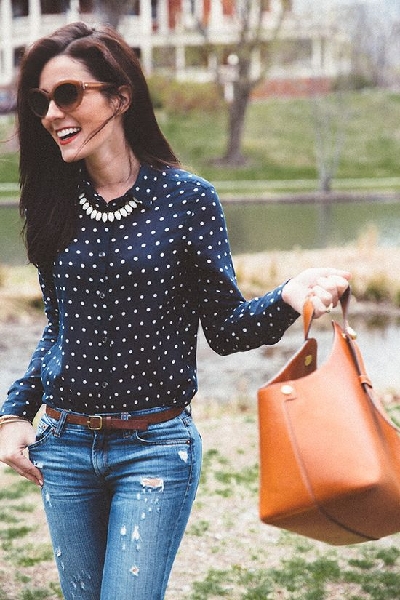 Classy Girls Wear Pearls: Flower Showers | Classic navy with white polka dots and jeans