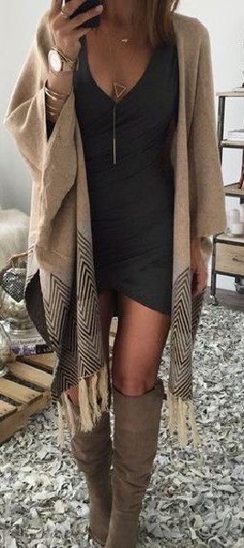 I absolutely love everything about this outfit - the fitted dress, the kimono-style sweater, and the over-the-knee boots.