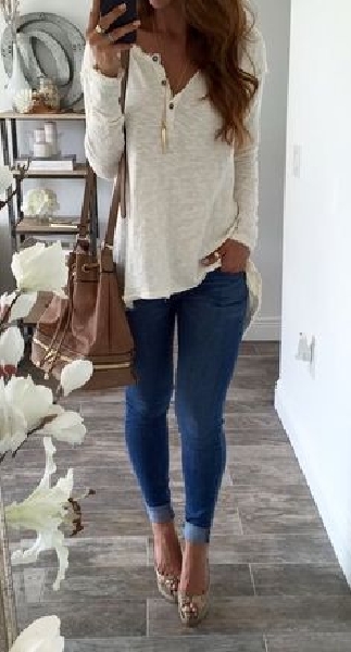 Fall & winter outfit - White loose henley top, jeans & heels good, i prefer the one.