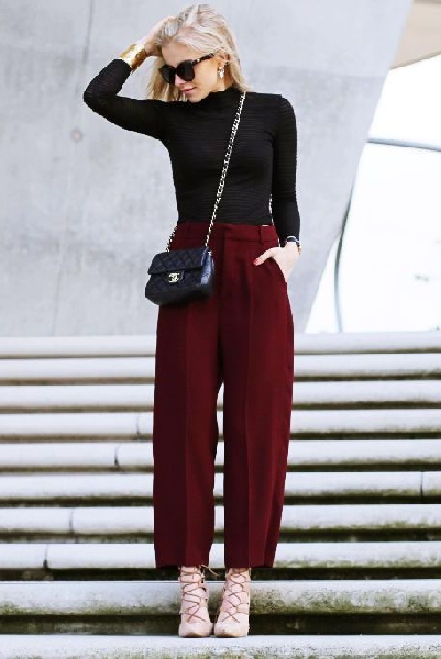 spring / summer - fall / winter - street style - chic street style - casual outfits - fashion week - fall outfits - work outfits - business casual - office wear - party outfits - black turtle neck top + black shoulder bag + burgundy culottes + nude lace up stilettos + black sunglasses