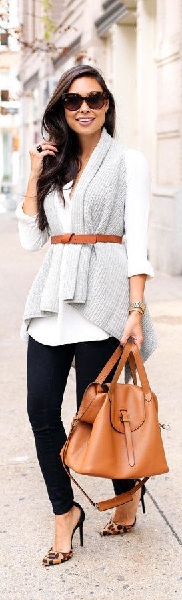 Fall fashion | Belted pale grey vest over white blouse with animal prints heels (via Bloglovin.com )