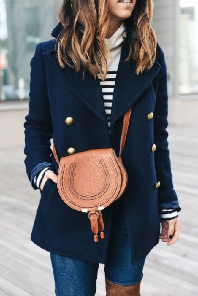 Classic navy peacoat, stripes and tan leather Chloe cross body bag