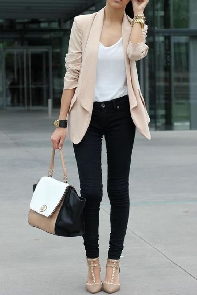 #work #fashion cute beige blazer and skinny trousers set